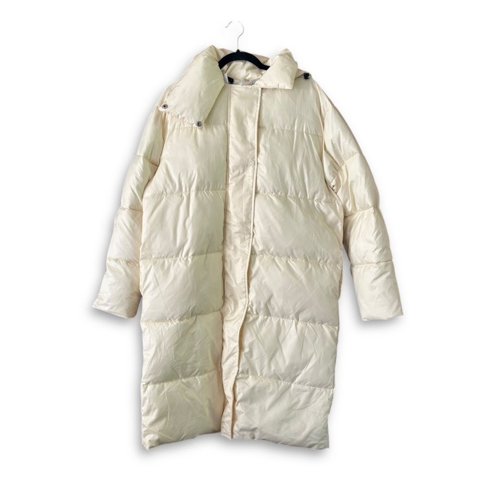 Eaves Ivory Long Line Hooded Puffer Jacket Size Small FLAWED Neutral Capsule